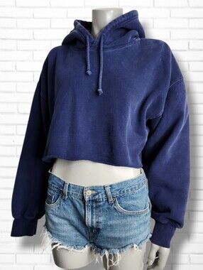 Aritzia TNA Cozy Navy Blue Fleece Perfect Crop Hoodie Size 3/Large